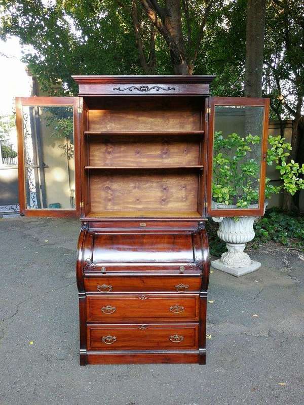Victorian Mahogany Cylinder Top Secretaire Bookcase