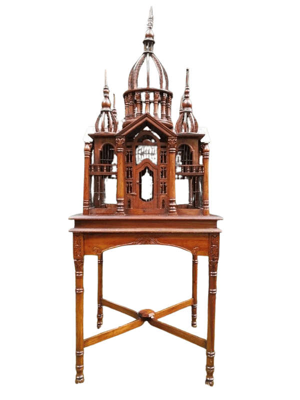 A 20th Century French Carved Mahogany and Walnut Victorian Cathedral Style Birdcage on Stand