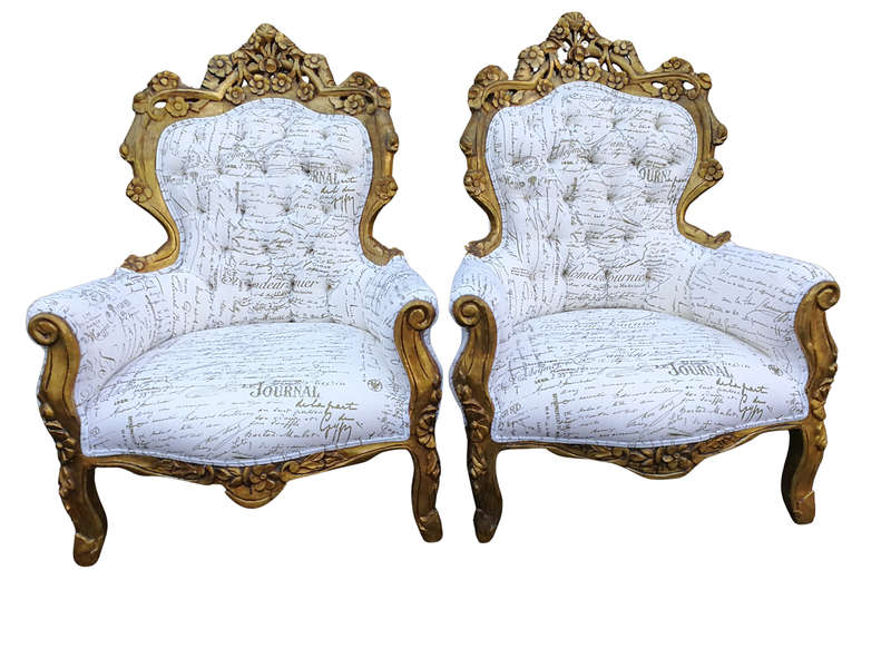 A Pair Of French Baroque Ornately Carved Gilded Arm Chairs Upholstered in an Exclusive and Custom...