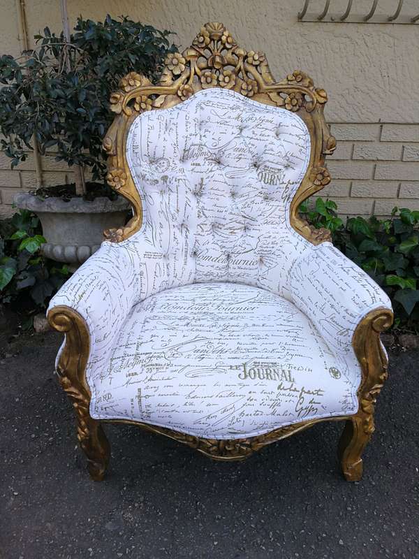 A Pair Of French Baroque Ornately Carved Gilded Arm Chairs Upholstered in an Exclusive and Custom...