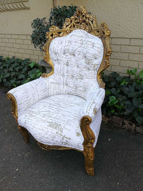 A Pair Of French Baroque Ornately Carved Gilded Arm Chairs Upholstered in an Exclusive and Custom...