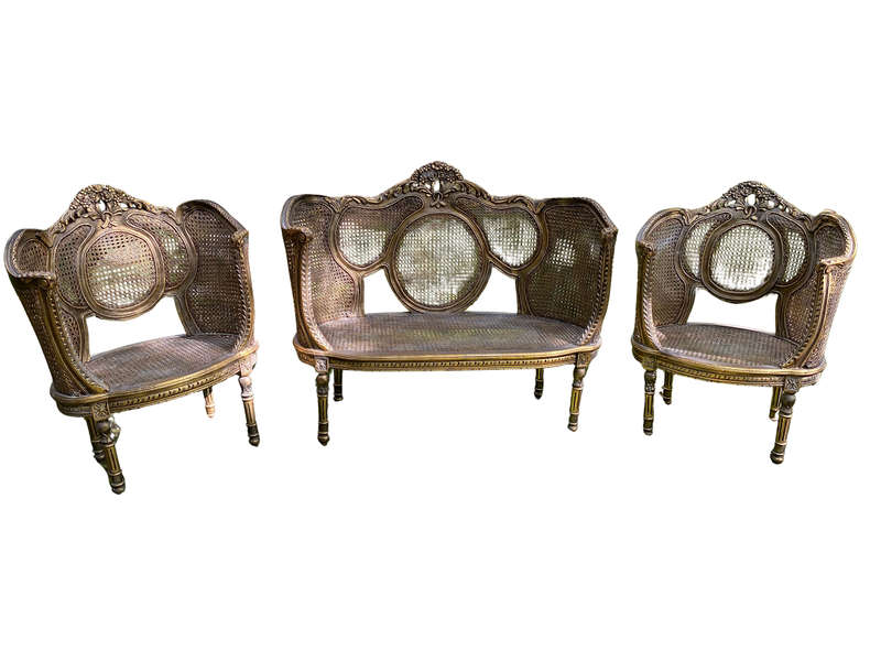 A Set Of Gilded Rattan Bergere Style Settee With Two Chairs (3 Piece)