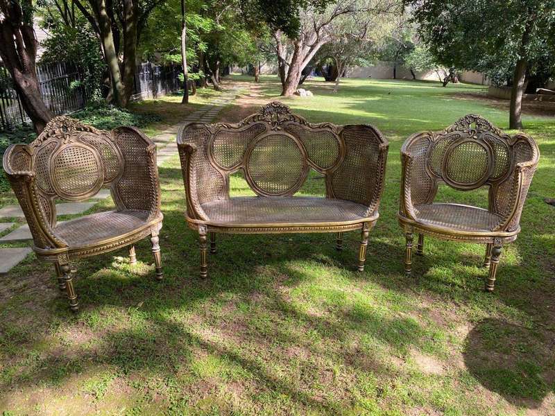 A Set Of Gilded Rattan Bergere Style Settee With Two Chairs (3 Piece) *Still To Be Reupholstered*