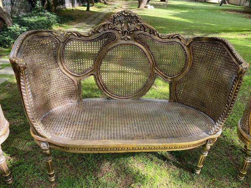 A Set Of Gilded Rattan Bergere Style Settee With Two Chairs (3 Piece) *Still To Be Reupholstered*