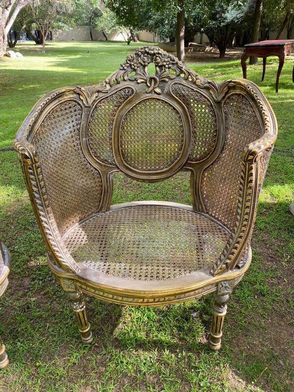 A Set Of Gilded Rattan Bergere Style Settee With Two Chairs (3 Piece) *Still To Be Reupholstered*