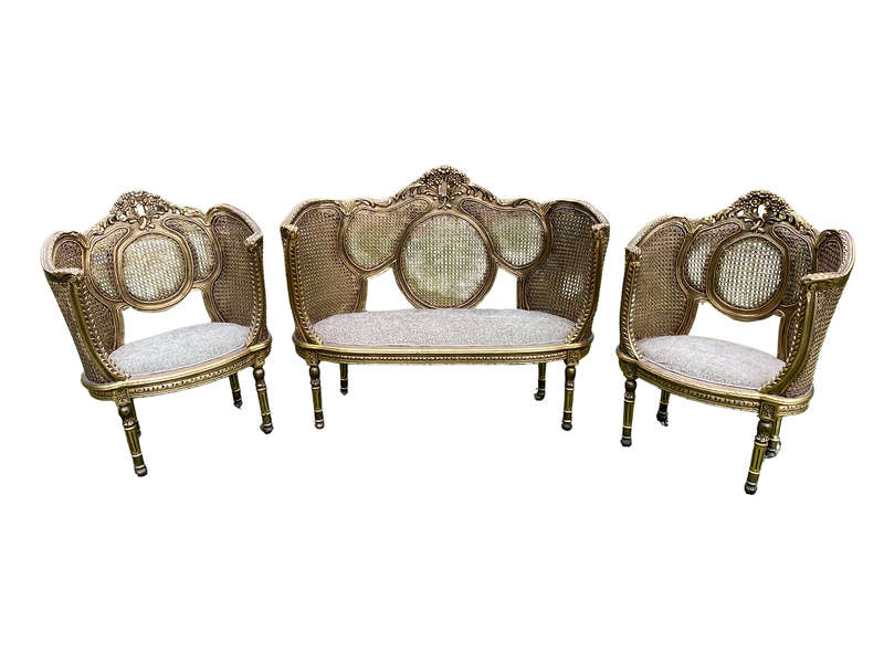 A Set Of Gilded Rattan Bergere Style Settee With Two Chairs (3 Piece) *Still To Be Reupholstered*
