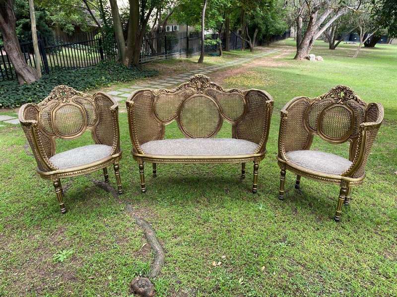 A Set Of Gilded Rattan Bergere Style Settee With Two Chairs (3 Piece) *Still To Be Reupholstered*