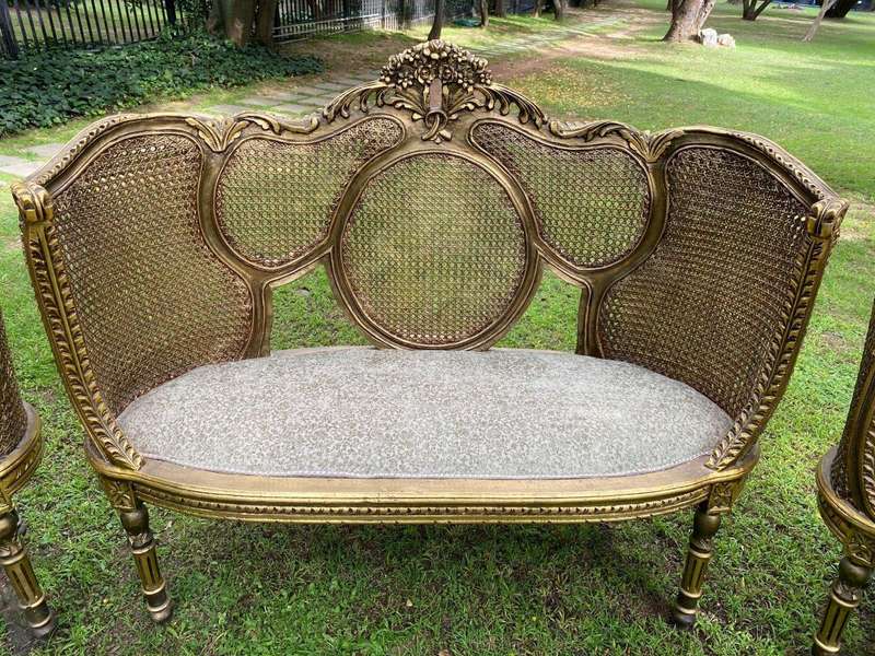 A Set Of Gilded Rattan Bergere Style Settee With Two Chairs (3 Piece) *Still To Be Reupholstered*
