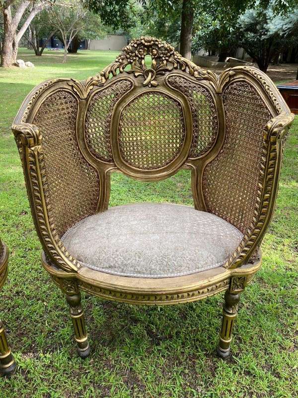 A Set Of Gilded Rattan Bergere Style Settee With Two Chairs (3 Piece) *Still To Be Reupholstered*