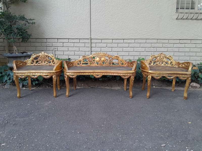 A French Style Set Of Carved and Hand-Gilded Rattan Settee With Two Chairs
