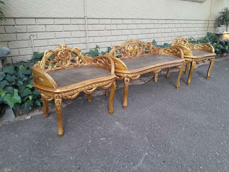A French Style Set Of Carved and Hand-Gilded Rattan Settee With Two Chairs