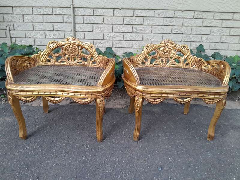 A French Style Set Of Carved and Hand-Gilded Rattan Settee With Two Chairs