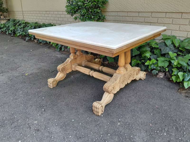 A 19th Century Walnut Heavily Carved and Bleached Table With Cream Marble Top (68-Seater)