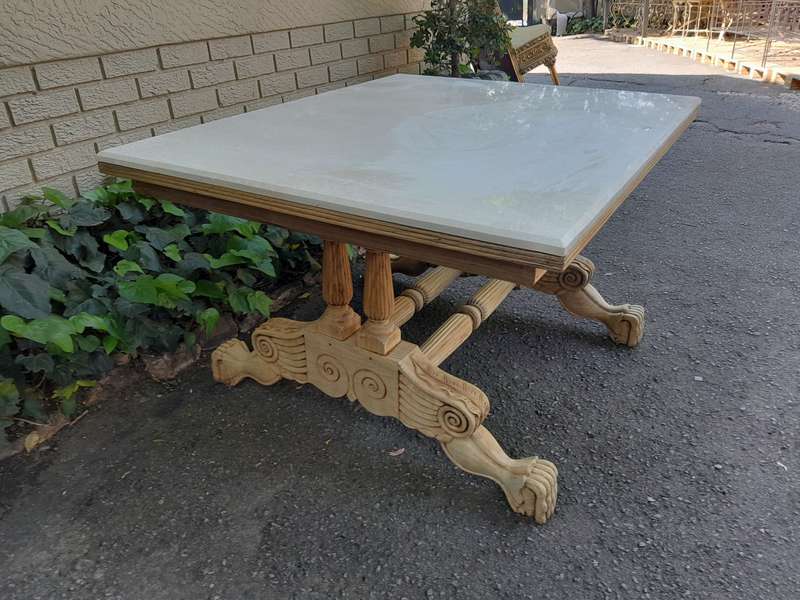 A 19th Century Walnut Heavily Carved and Bleached Table With Cream Marble Top (68-Seater)