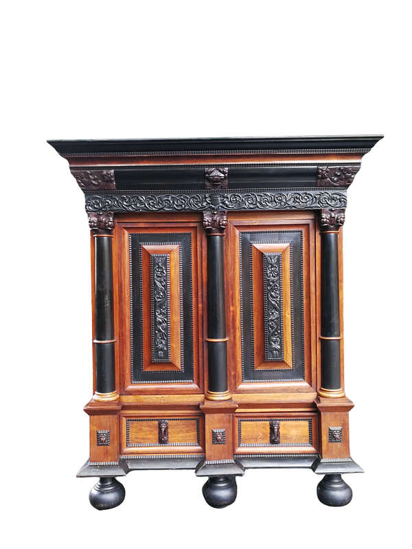 A 19th Century Dutch Heavily Carved Oak and Ebony Kussingkast / Cupboard on Bun Feet  (Useful for...