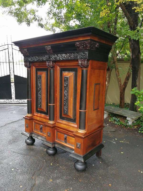 A 19th Century Dutch Heavily Carved Oak and Ebony Kussingkast / Cupboard on Bun Feet  (Useful for...