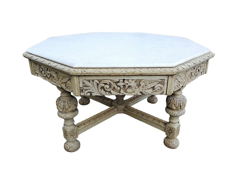 19th Century carved oak octagonal table with five drawers on bun feet