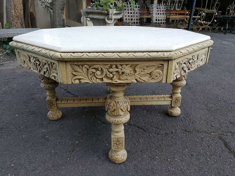 19th Century carved oak octagonal table with five drawers on bun feet