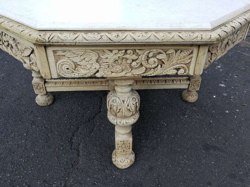 19th Century carved oak octagonal table with five drawers on bun feet