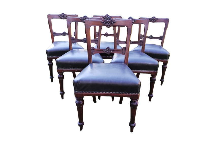 Set of six early Victorian chairs upholstered in black leather upholstered