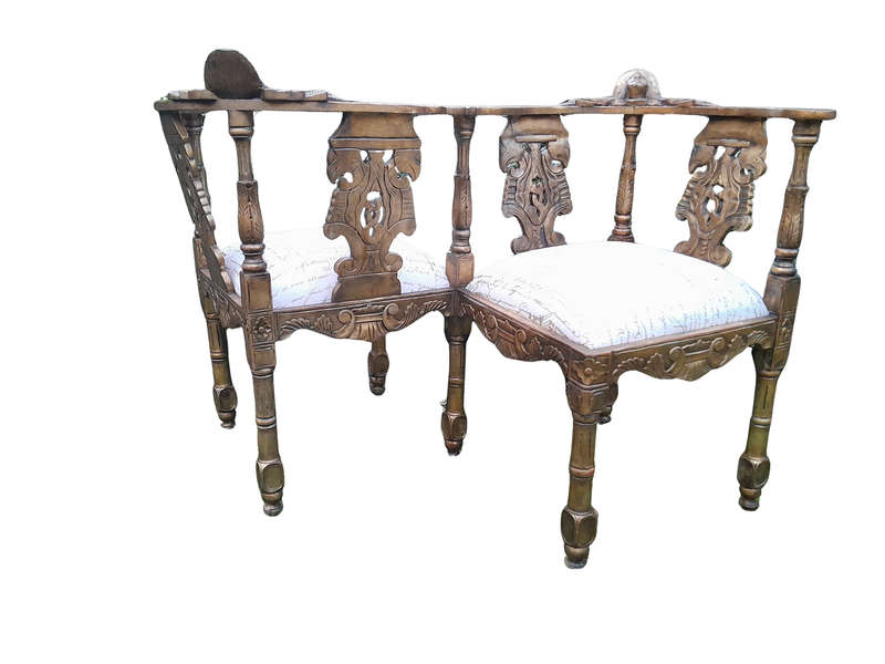 An Antique French-Style Carved Conversation Settee Hand-Gilded and Upholstered in a Custom-made S...