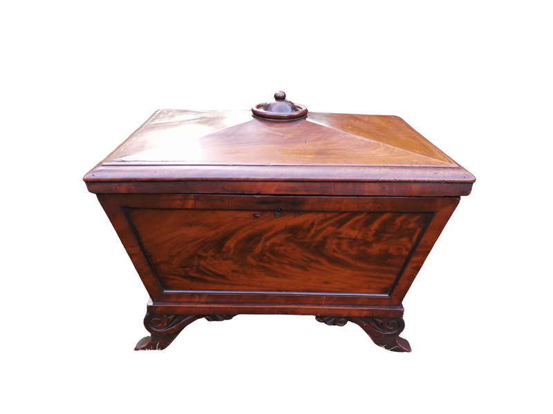 Victorian mahogany cellaret, BADA stamp, lead-lined interior fitted with open compartments for si...