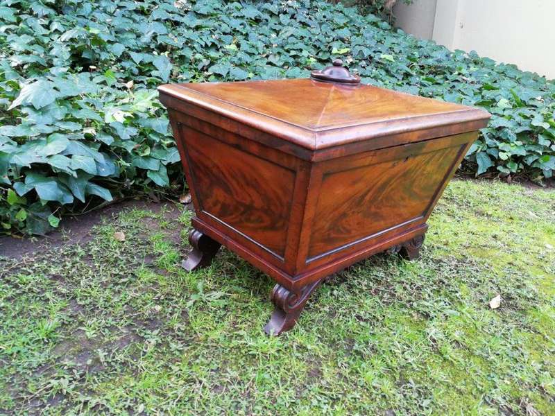 Victorian mahogany cellaret, BADA stamp, lead-lined interior fitted with open compartments for si...