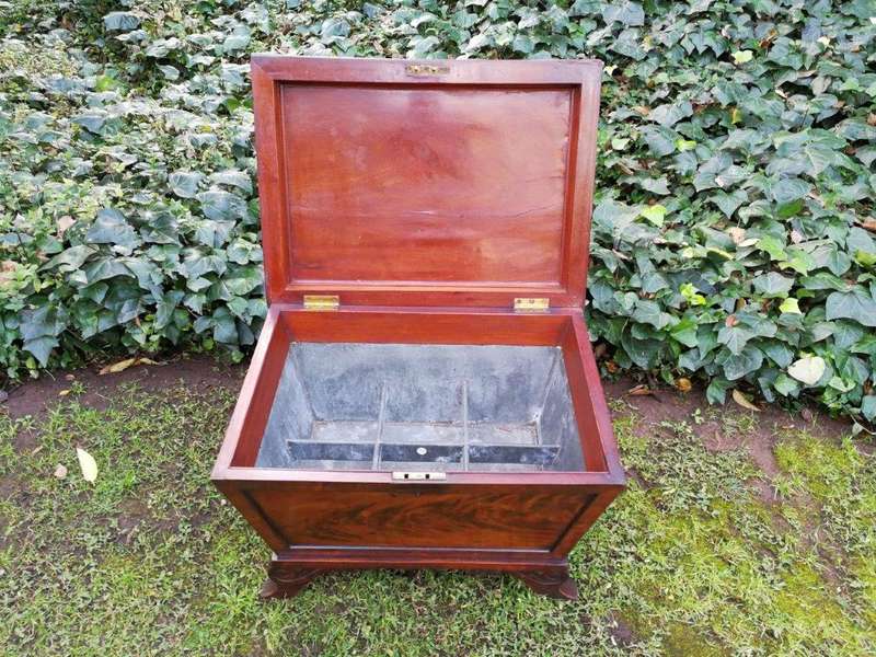 Victorian mahogany cellaret, BADA stamp, lead-lined interior fitted with open compartments for si...