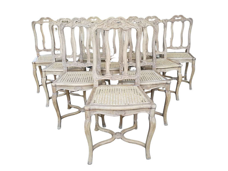 A Set Of Ten Antique French Provincial Carved Bleached / Natural Oak Dining Chairs With Rattan Se...
