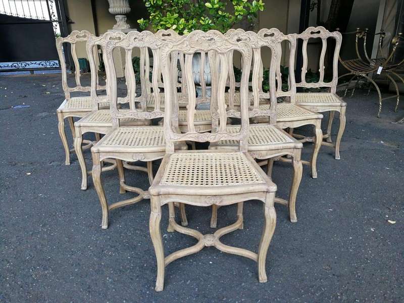 A Set Of Ten Antique French Provincial Carved Bleached / Natural Oak Dining Chairs With Rattan Se...