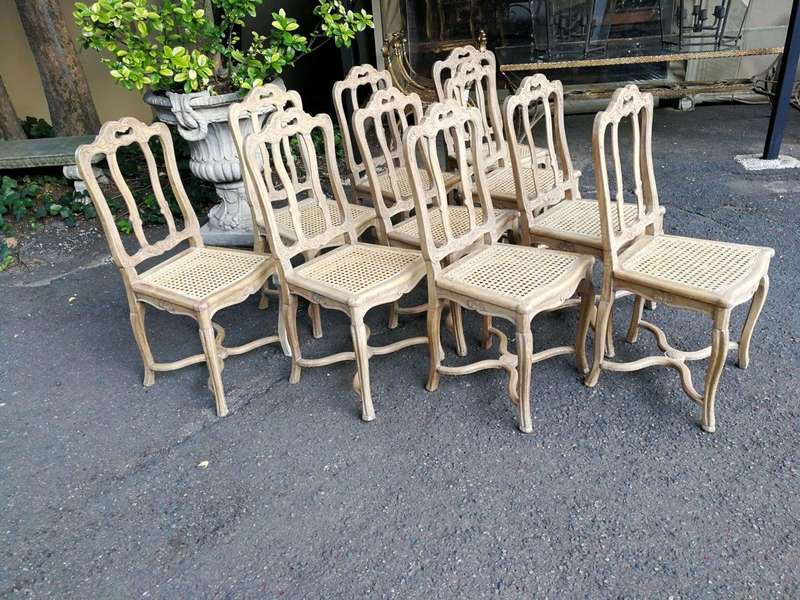 A Set Of Ten Antique French Provincial Carved Bleached / Natural Oak Dining Chairs With Rattan Se...