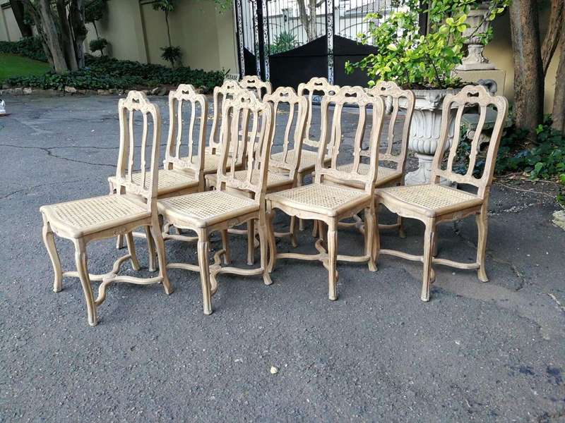 A Set Of Ten Antique French Provincial Carved Bleached / Natural Oak Dining Chairs With Rattan Se...