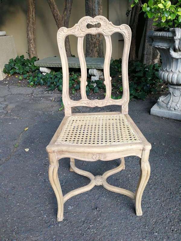 A Set Of Ten Antique French Provincial Carved Bleached / Natural Oak Dining Chairs With Rattan Se...