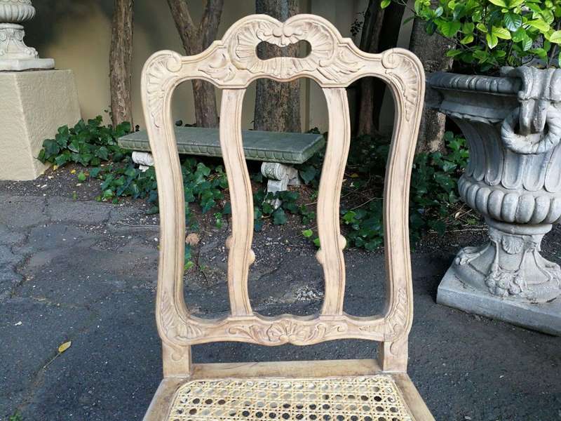 A Set Of Ten Antique French Provincial Carved Bleached / Natural Oak Dining Chairs With Rattan Se...