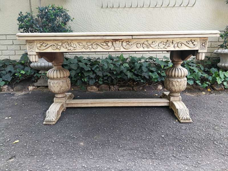 A 20TH Century Carved Dutch Oak Extension Dining / Entrance Table in a Contemporary Bleached Fini...