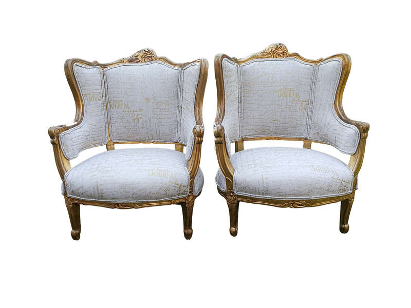 A Pair Of 20th Century French Style Gilt Bergere Armchairs Upholstered In A Custom-Made Hand Prin...