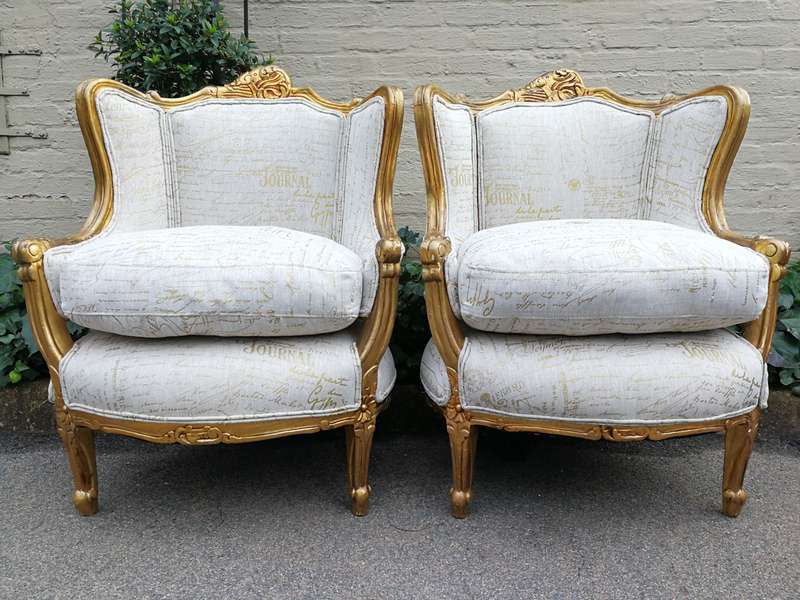 A Pair Of 20th Century French Style Gilt Bergere Armchairs Upholstered In A Custom-Made Hand Prin...