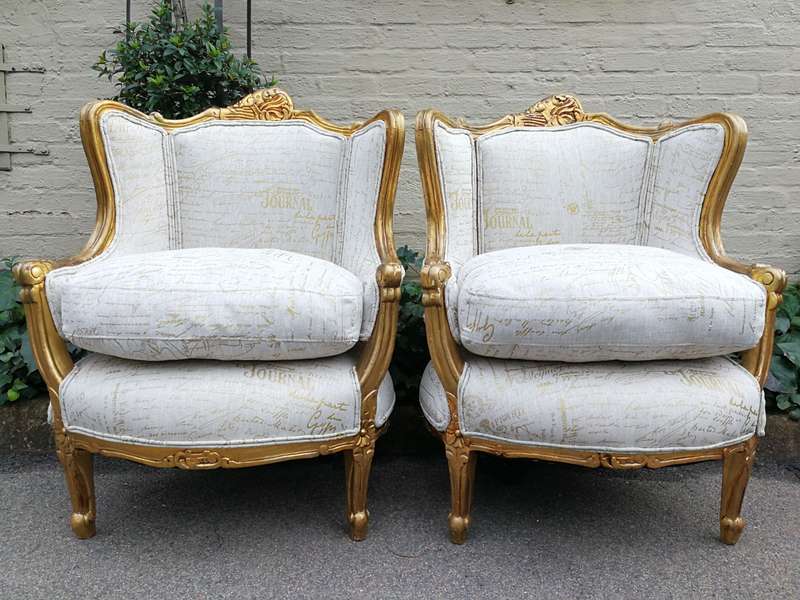 A Pair Of 20th Century French Style Gilt Bergere Armchairs Upholstered In A Custom-Made Hand Prin...