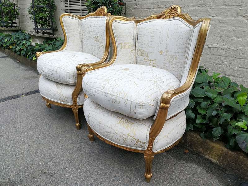 A Pair Of 20th Century French Style Gilt Bergere Armchairs Upholstered In A Custom-Made Hand Prin...