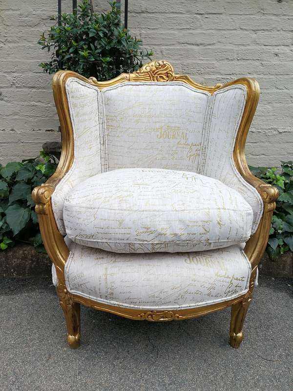 A Pair Of 20th Century French Style Gilt Bergere Armchairs Upholstered In A Custom-Made Hand Prin...