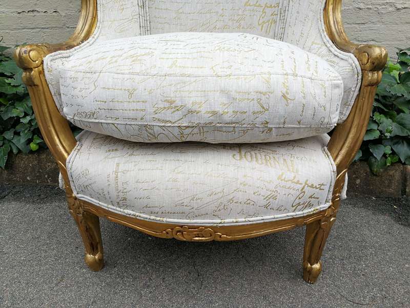 A Pair Of 20th Century French Style Gilt Bergere Armchairs Upholstered In A Custom-Made Hand Prin...