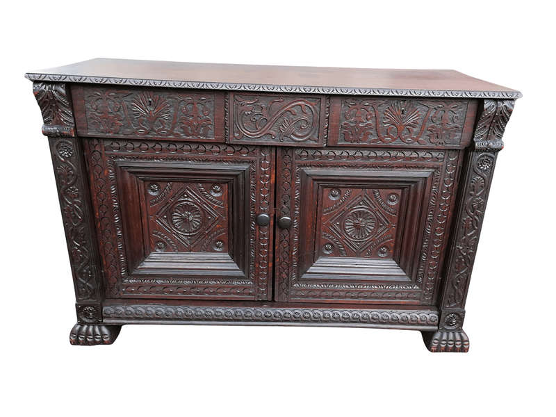 An Antique 19th Century Gothic Revival Carved Oak Drinks Table / Server with Cream Marble