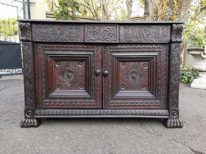 An Antique 19th Century Gothic Revival Carved Oak Drinks Table / Server with Cream Marble