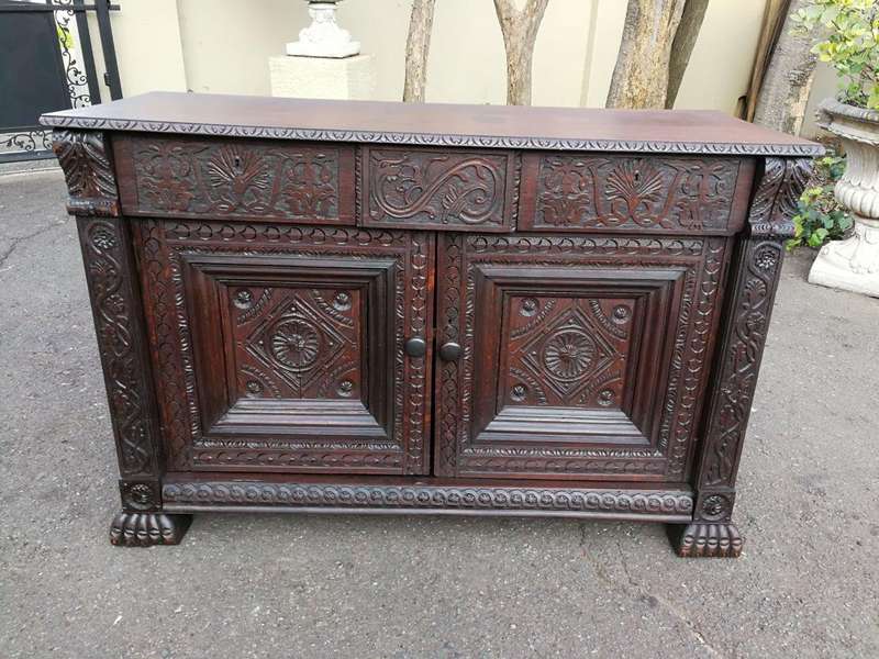 An Antique 19th Century Gothic Revival Carved Oak Drinks Table / Server with Cream Marble