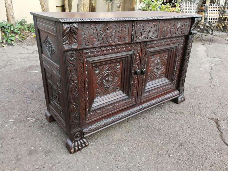 An Antique 19th Century Gothic Revival Carved Oak Drinks Table / Server with Cream Marble