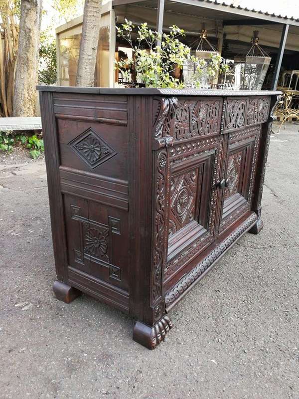 An Antique 19th Century Gothic Revival Carved Oak Drinks Table / Server with Cream Marble