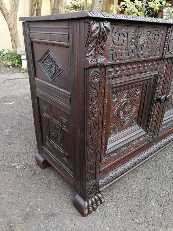 An Antique 19th Century Gothic Revival Carved Oak Drinks Table / Server with Cream Marble
