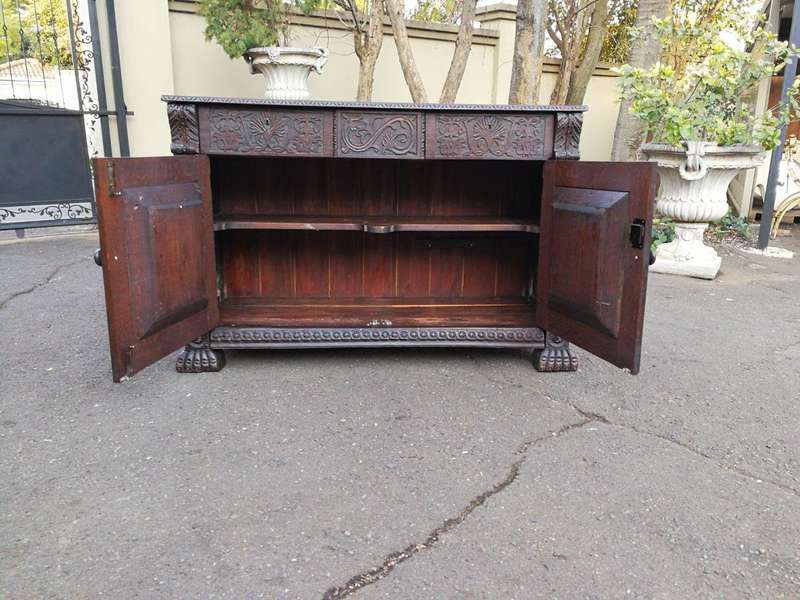 An Antique 19th Century Gothic Revival Carved Oak Drinks Table / Server with Cream Marble