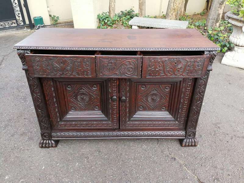 An Antique 19th Century Gothic Revival Carved Oak Drinks Table / Server with Cream Marble