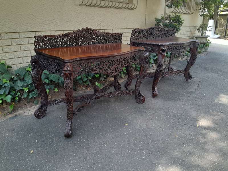 A near pair of Anglo Indian Rosewood Serpentine Console / Server Tables (one 19th Century and one...
